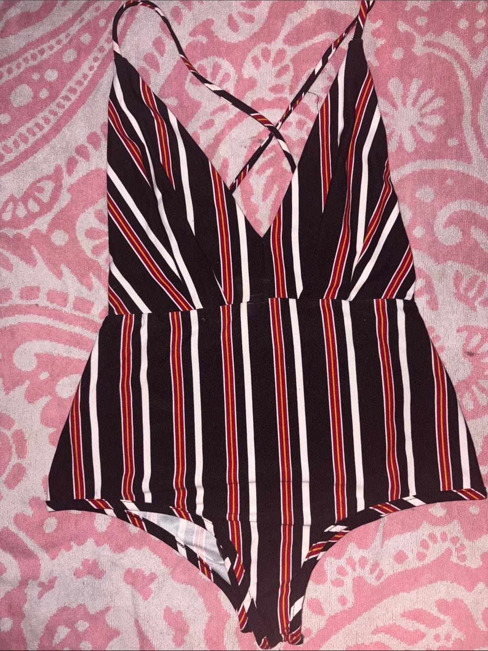 privy Black, White & Red Striped V-Neck Romper